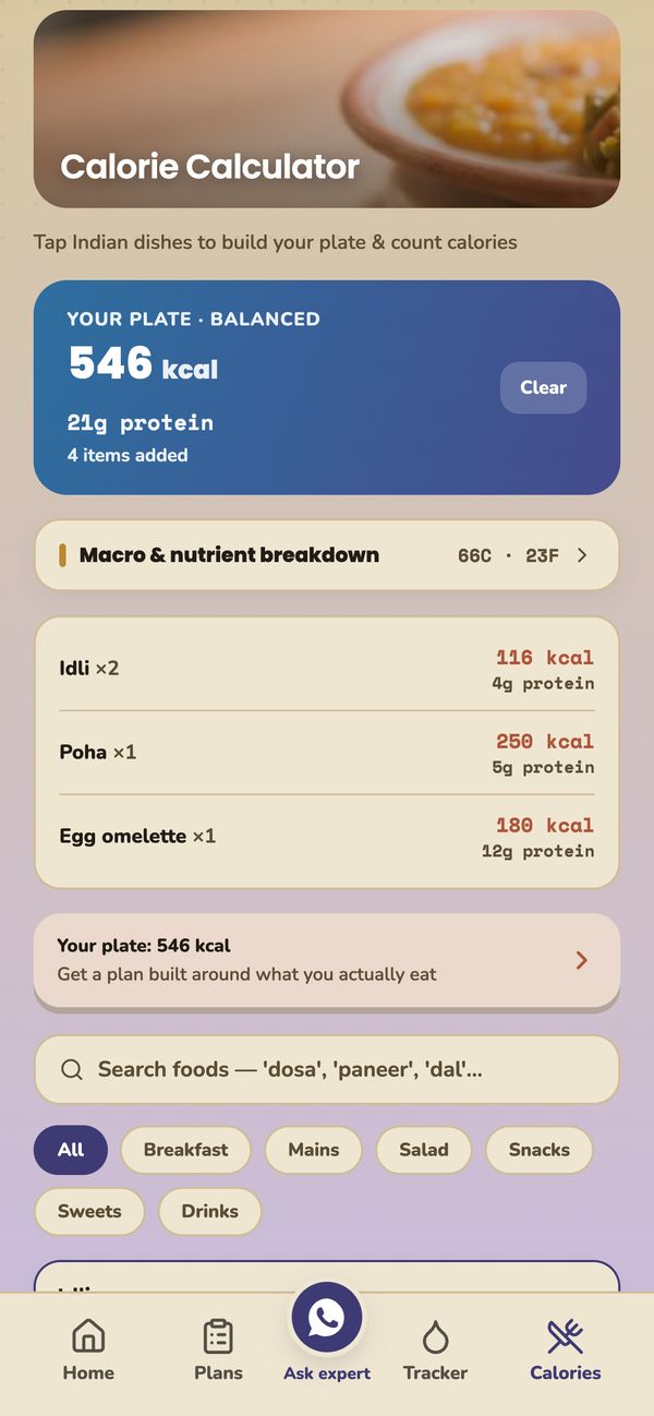 The calorie calculator with a plate of idli, poha and an egg omelette totalling 540 kcal.