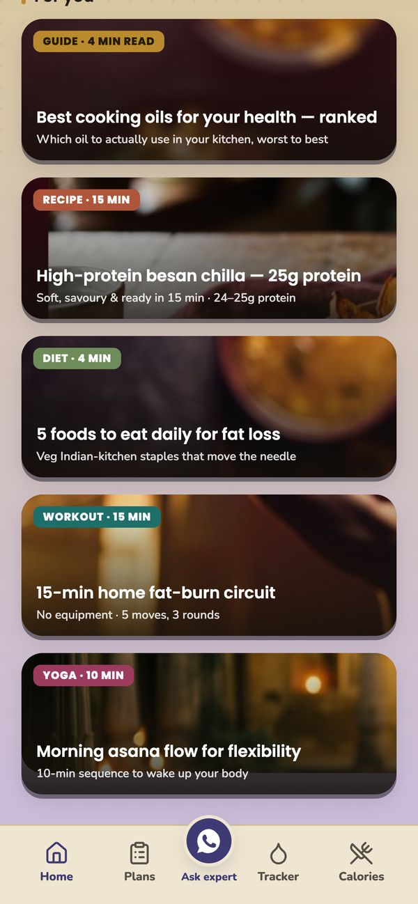 The guides feed listing a cooking oils explainer, a besan chilla recipe, a fat-loss food list, a home workout circuit and a morning yoga flow.