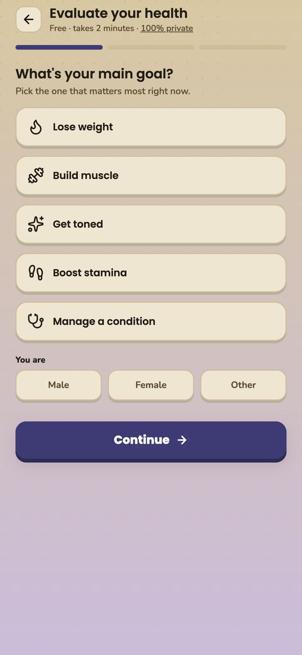 The in-app health test asking for your main goal, with options for losing weight, building muscle, getting toned or boosting stamina.