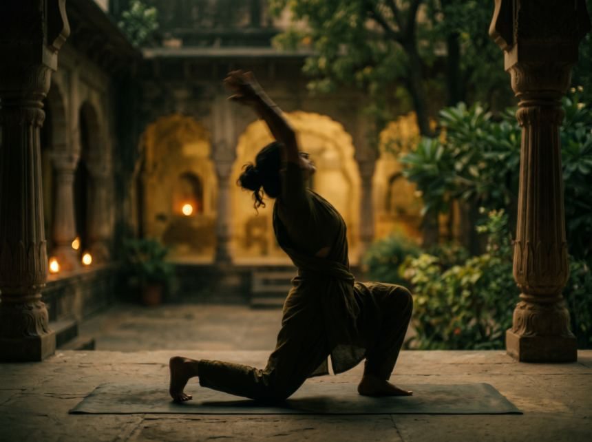 A woman holding a low yoga lunge on a mat in a lamplit stone courtyard at dusk.